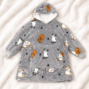 Urban Kids Cozy Gray Cat Print Hoodie Blanket Plush Pullover sz youth med/large